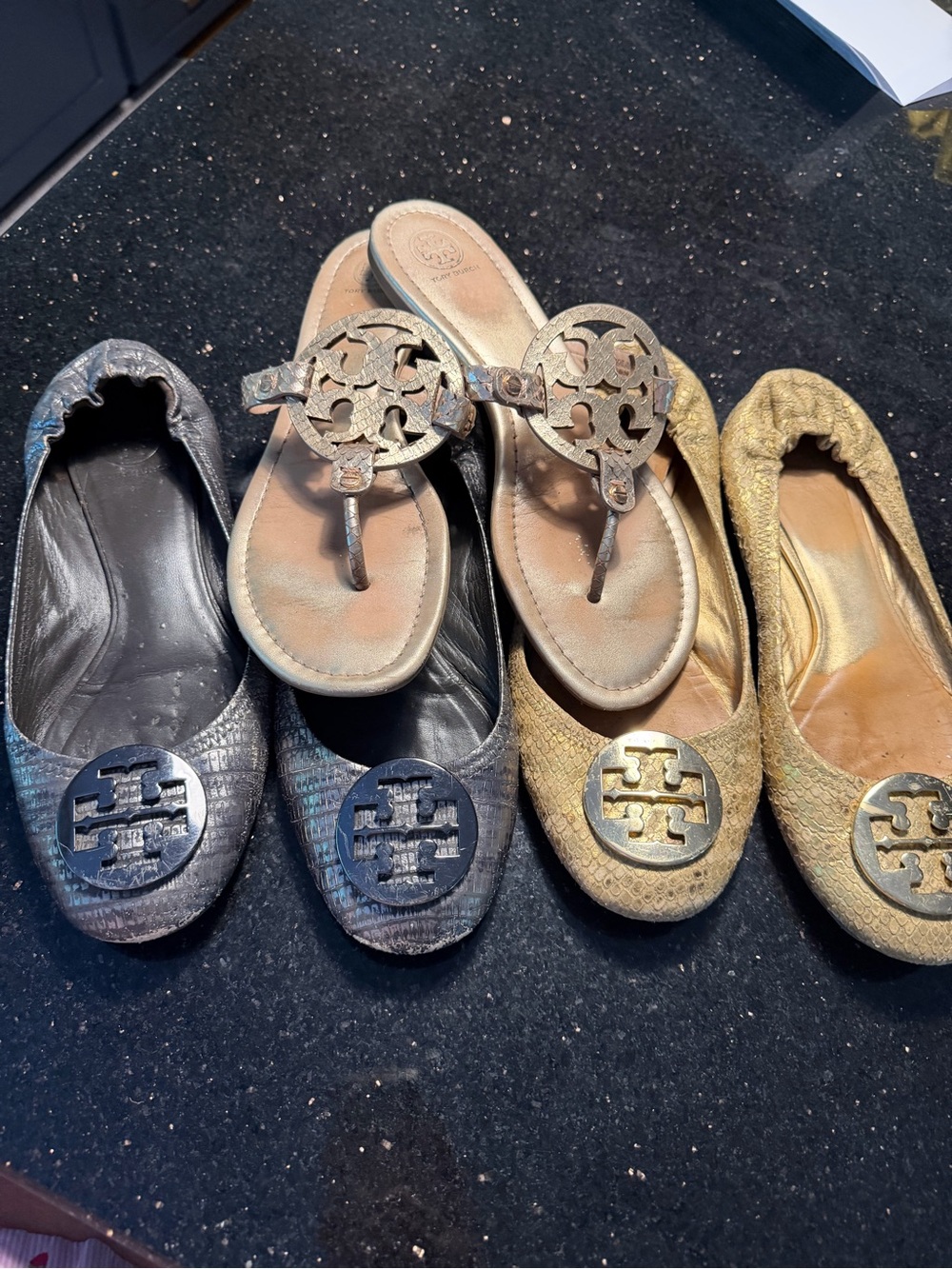 Tory Burch Metallic Gold and Silver Logo Flats & Thong Set